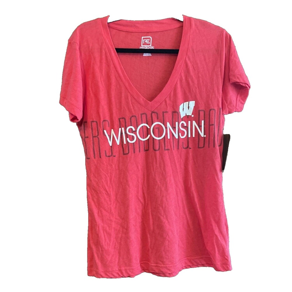 Pro Edge by Knights Apparel Red V Neck Wisconsin Badgers T Shirt Women's Large